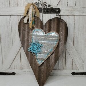 Corrugated Metal Faith Heart Teal Flower Wall Decor With Ribbon